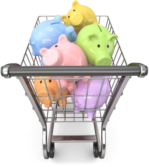 Sparschweine in einem Einkaufswagen